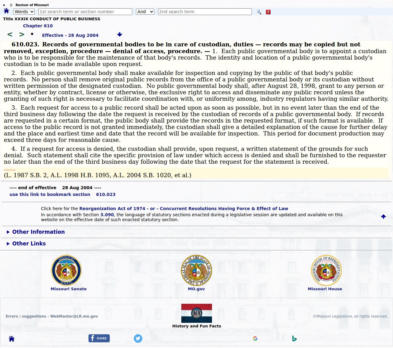 Howard County court records source capture for Missouri request-response law
