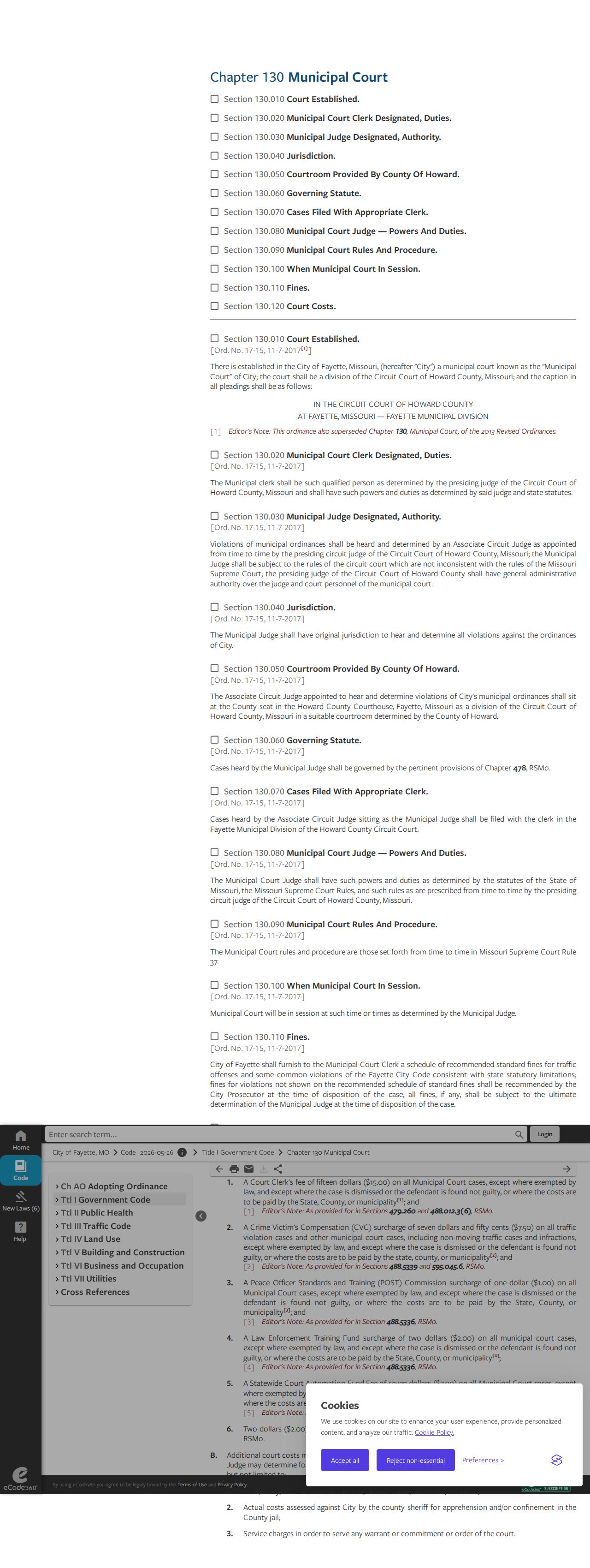 Fayette court docket municipal code record about court structure and fee context