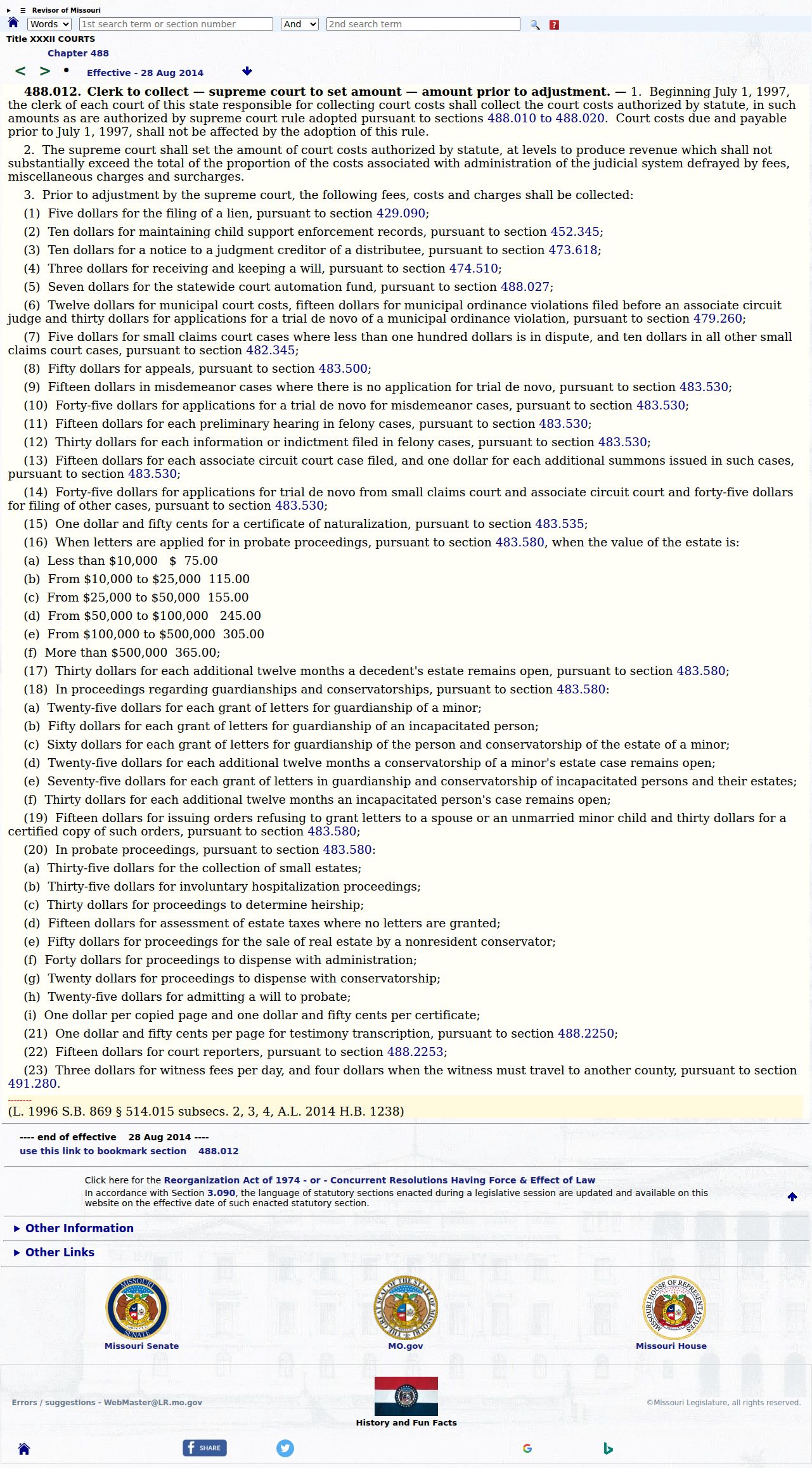 Franklin court docket fee context from Missouri court cost statute